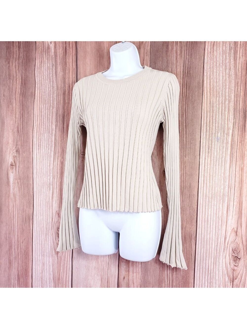Dissh Womens Small Ada Stone Knit Beige Long Sleeve Ribbed Pullover Sweater Top - Picture 3 of 12
